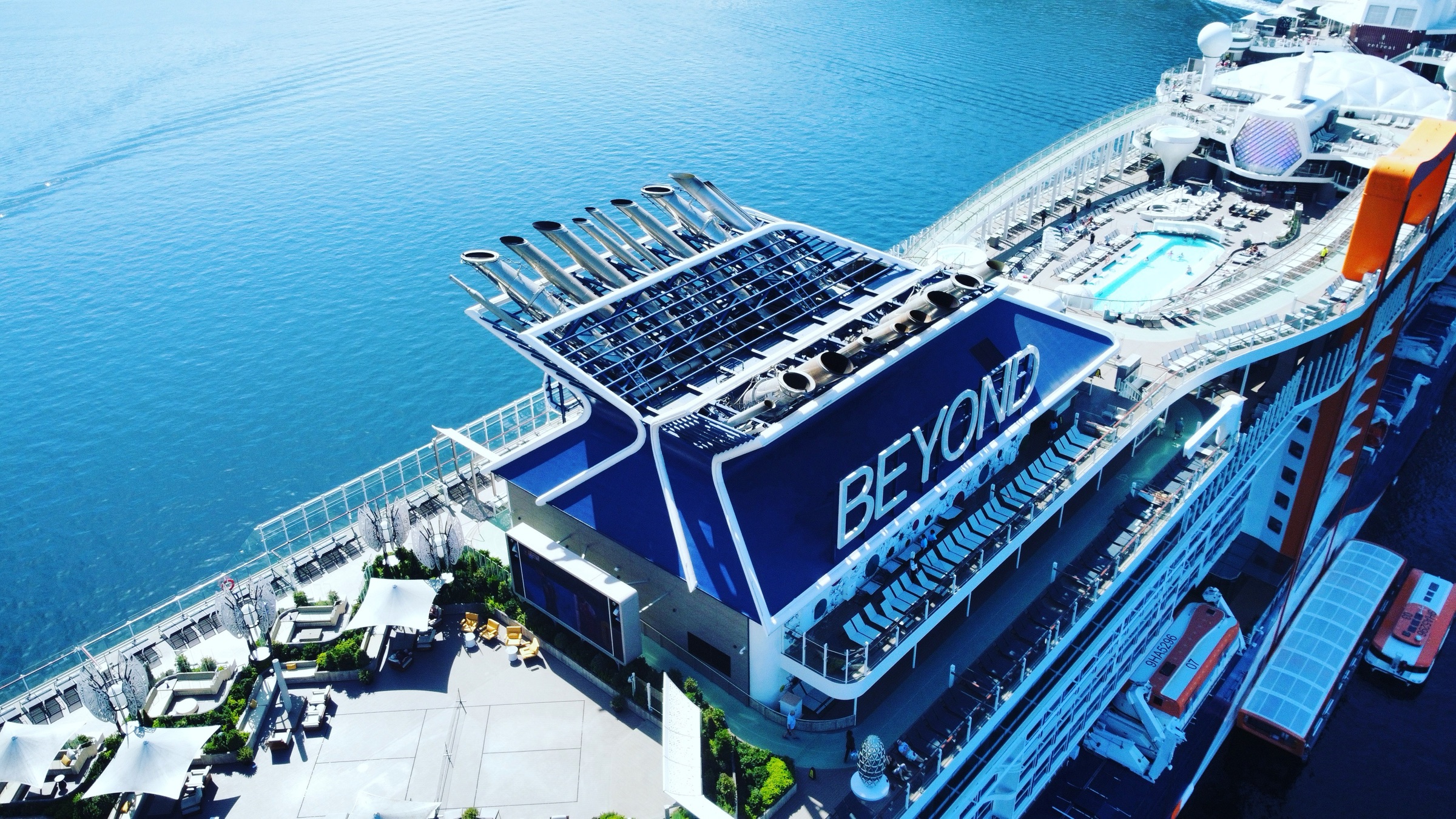 Celebrity Beyond cruise ship viewed from above in port